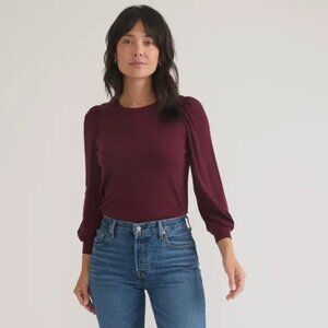 Marine Layer Lexi Puff Sleeve Rib Top Sz L Tencel Cozy Ribbed Knit Burgundy Wine